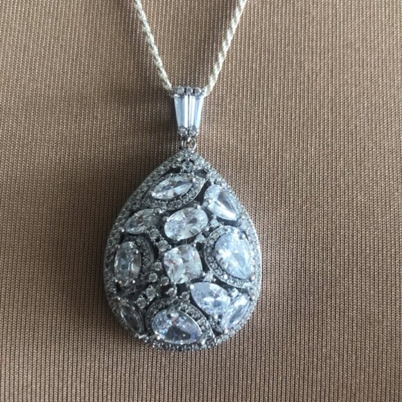 FZN 925 Sterling Silver Necklace w Filigree Teardrop Crystals Pendant 13" long - Picture 6 of 16